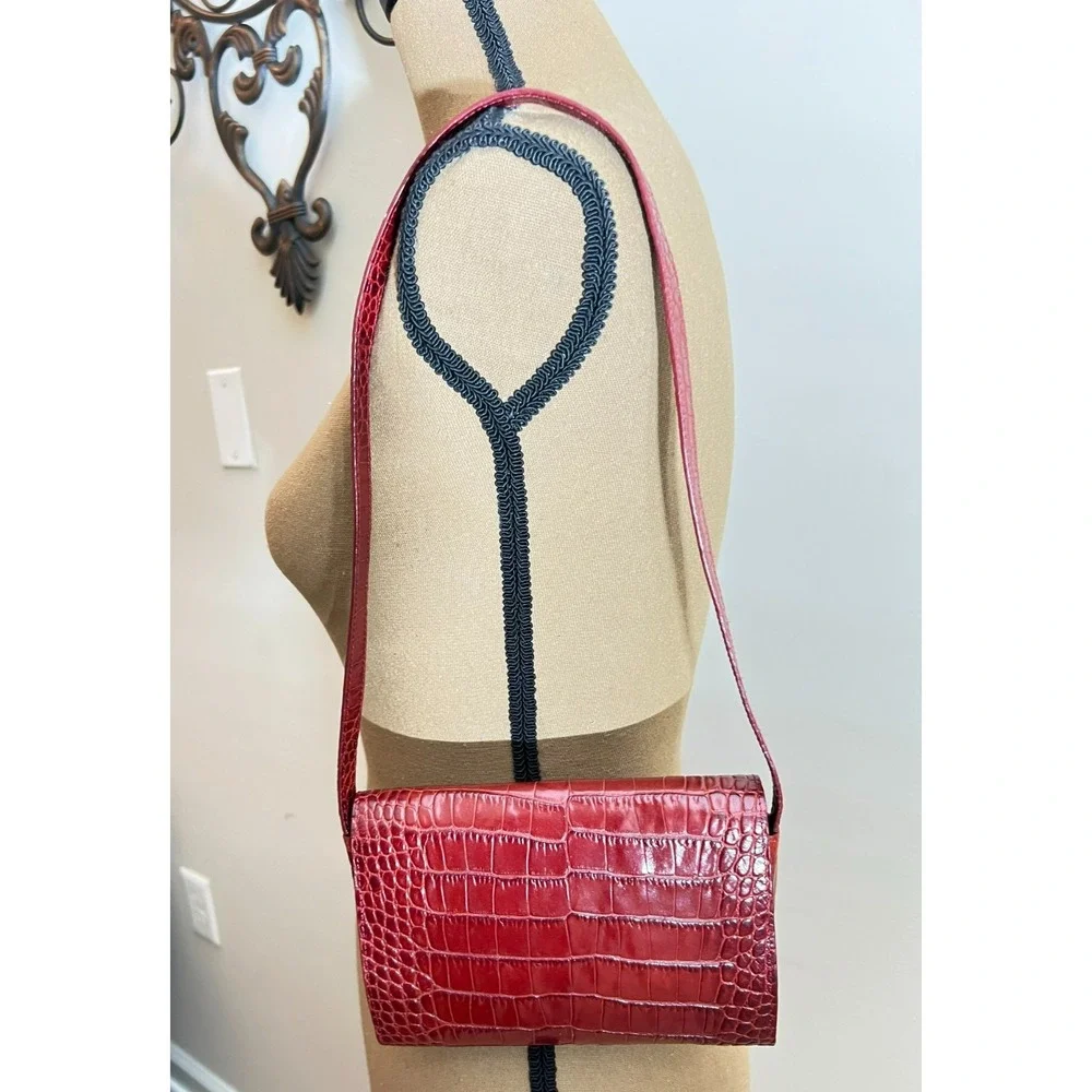 VTG Lauren Ralph Lauren Red‎ Croc Embossed Leather Shoulder Clutch Card Holder